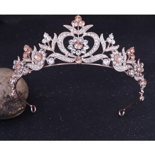 Rose Gold Crown Women Wedding Hair Accessories Bridal Tiara Baroque Headband Flower Leaf Head Jewelry Kids Rhinestone Headpiece