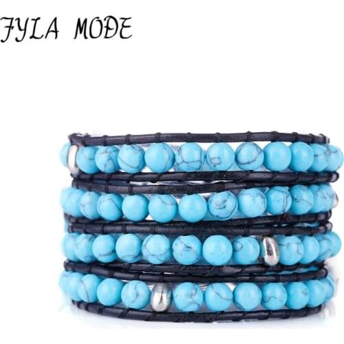 Fyla Mode Hot Sell Hand Wrap Leather Bracelets Wholesale 6mm Blue Stone Beaded Leather 4 Wraps Bracelets Boho Jewelry