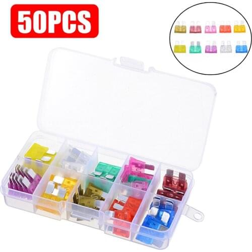 50pcs/lot Mixed Medium Size Standard Car Auto Blade Fuse Assortment Kit 3A 5A 7.5A 10A 15A 20A 25A 30A 35A 40A