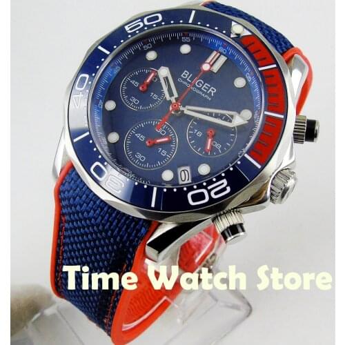 Bliger 41mm blue Quartz stop mens watch full chronograph 24 hours minute sapphire glass date display ceramic bezel waterproof