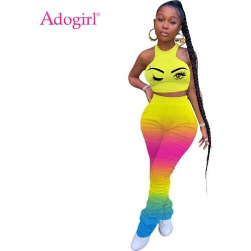 Adogirl Casual Ruched Changing Color Two Piece Set Tank Sleeveless Crop Top Rainbow Pleated Pants Fashion Tracksuits Suit