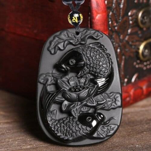 Natural Obsidian Two Fish Jade Pendant Jewelry Lucky Exorcise Evil Spirits Auspicious Amulet Jade Pendant Fine Jewelry