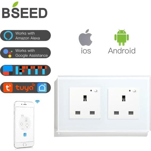 BSEED UK Standard Wifi Wireless Double Socket Wall Socket 3 Colors White Black Gloden Works With Tuya Alexa IFTTT Google