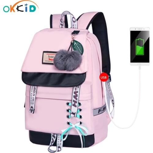 OKKID children school bags for girls cute pink backpack schoolbag korean style bowknot fur ball girl school backpack bookbag