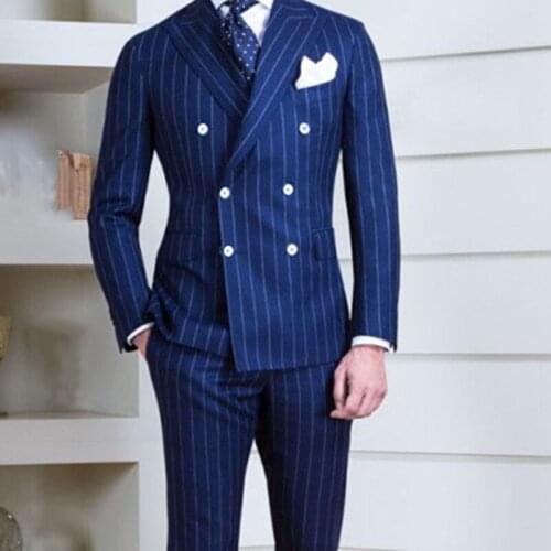 Navy Blue Pinstripe Wedding Tuxedos Double Breasted Mens Groom Suit Peaked Lapel Plus Size Prom Party Blazer Jacket (Coat+Pants)