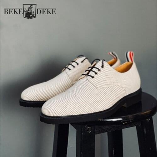 New Men Cotton Fabric Dress Shoes Designer Striped Derby Shoes Luxury Brand Mens Footwear Business Formal Shoes Plus Size 45 46
