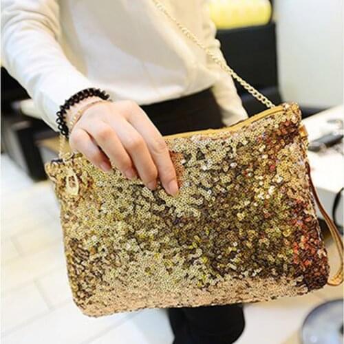 Female Shoulder Bag Detachable Strap Evening Party Sequins Zipper black, gold, silver Glitter Fashion Chain Bag #734