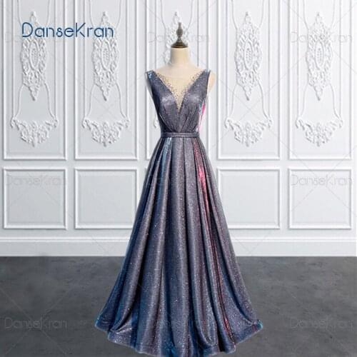 Beaded Shiny Prom Dresses 2021 Illusion V-Neck Sparkle Formal Dresses Pleated Lace Up Back A-Line Maxi Gowns For Party