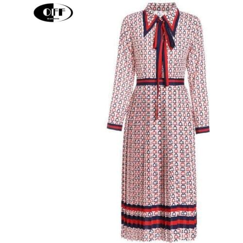 Runway Autumn Spring Letter Printing Stripe Woman Dress Long Sleeve Bow Pleated Lady Elegant Vintage Midi-Long Dresses Vestidos
