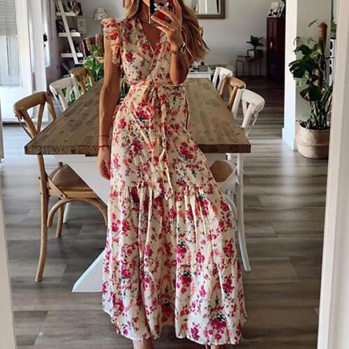Women V Neck Petal Sleeve Elegant Party Dress Summer Casual Sleeveless Floral Printing Ladies Dress 2021 Retro Dresses Femme XL