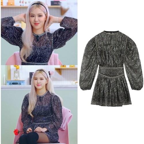 Kpop Korean Celebrity ROSE Summer Vintage Long Sleeve Black Dress Women Party Nightclub High Waist Sexy O-neck Sequins Dresses