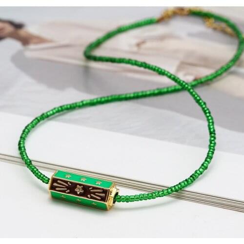 Wish Card 2021 Enamel Copper Pendant Necklace For Women Fashion Rice Bead Chain Turkish Jewelry Party Gift For Friends 1 Piece