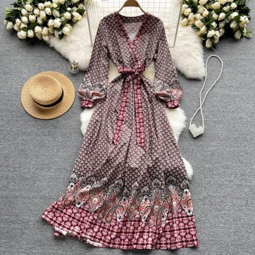 Amolapha 2021 Autumn Women V-Neck Print Bandage Slim Waist Loose Beach Style Elegantes Long Maxi Dress Vintage Vestidos De Mujer
