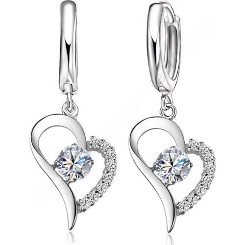 Shiny Crystal Cubic Zirconia Fine Jewellery 925 Sterling Silver Real Pure Heart Pendant Leverback Earrings Drop Accesory