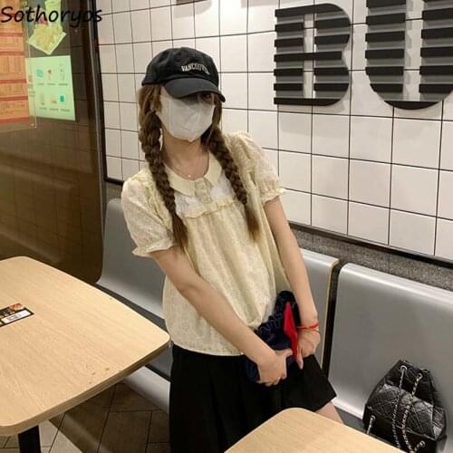 Summer Fungus Floral Sweet Blouses Women Puff Sleeve Peter Pan Collar Girls Loose Tops Lovely Gentle Streetwear Stylish Blouse