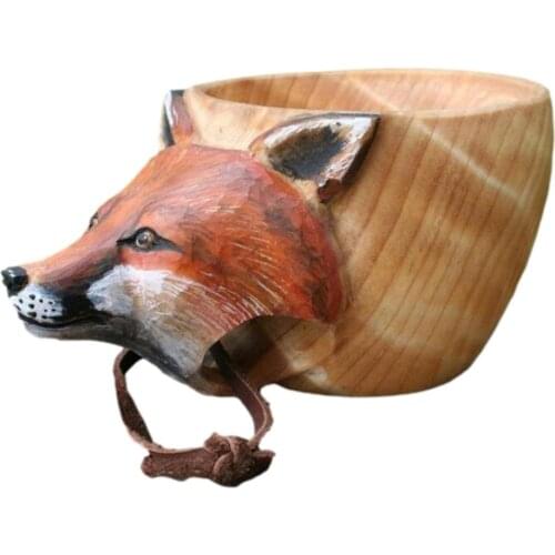 Natural Rubber wood Hand carving Water Cup Creative Animal Head Carved Cup Handmade Artwork Mug For Outdoor Camping Home Use