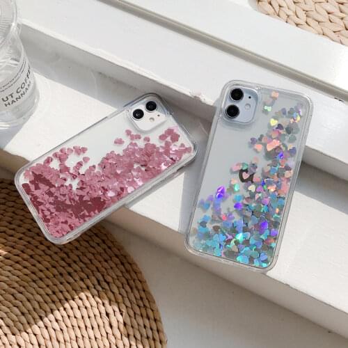 Holo Glitter Heart Liquid case for iPhone 12 Pro Max 11 XR 7 8 Plus Clear Silicone Spin Hearts PC Hard Cover for iPhone XS X SE