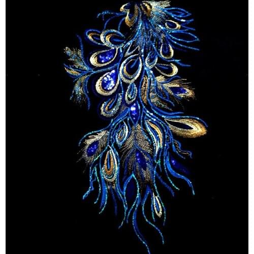36*63cm black screen embroidery blue Sequin phoenix feather Patches for Dress DIY Appliques accessories