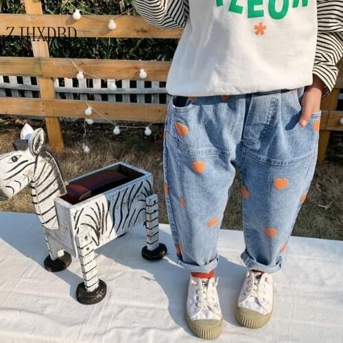 2020 Blue 2-7Y Fashion Infant Baby Kids Girl Pants Summer Casual Love Heart Pattern Jeans Denim Pants Elastic Trousers Clothes