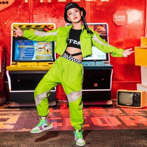ChildrenS Jazz Dance Costume Girls Hip Hop Fluorescent Green Tops Pants Long Sleeve Performance Clothing Stage Outfit VDB2784
