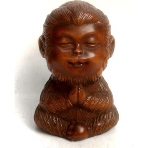 YIZHU CULTUER ART Collection China Old Boxwood Hand Carved Monkey Buddha Statue Family Decoration