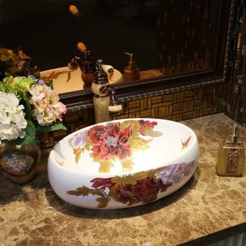 China vessel sink Handmade Lavobo Round Countertop bathroom sink small oval peony Ceramic wash basin bathroom sink