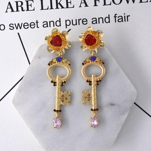 Korean Version Of Retro Green Crystal Cross Pearl Baroque Long Earrings Elegant Creative Key Interesting Ear Jewelry Female