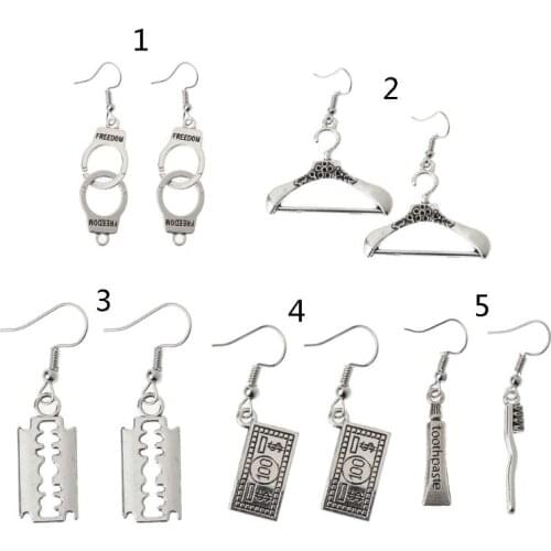 Creative Antique Handcuffs Blade Tooth Brush Coat Hanger Dollar Drop Earrings Women Creativity Fashion Jewelry