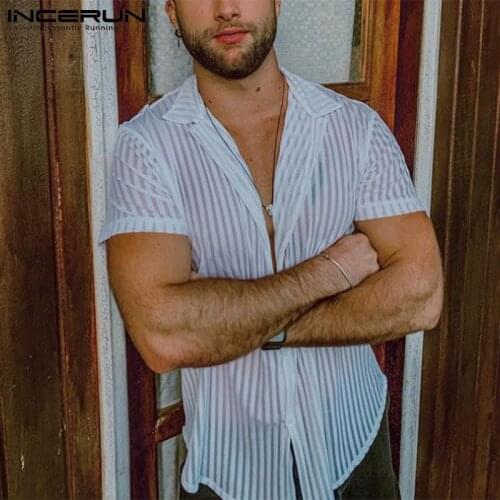 INCERUN Fashion Men Mesh Shirt Striped 2021 See Through Streetwear Lapel Short Sleeve Men Clothing Party Casual Camisas S-5XL