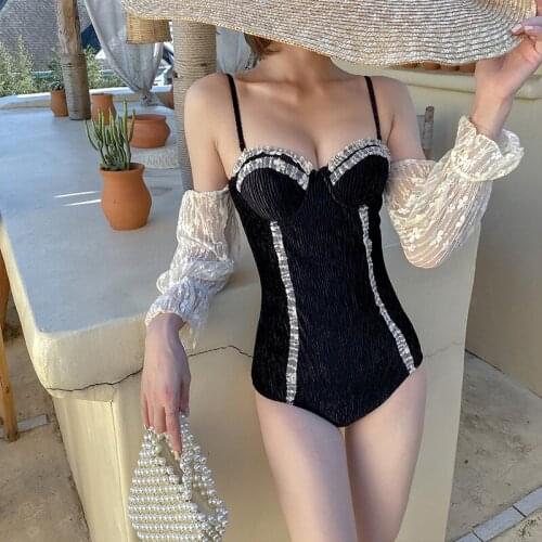 2021 New Korean Style Solid One Piece Swimsuit Women Bodysuit Push Up Pad Bathing Suit Straps Beach Lace Long Sleeve Swimwear