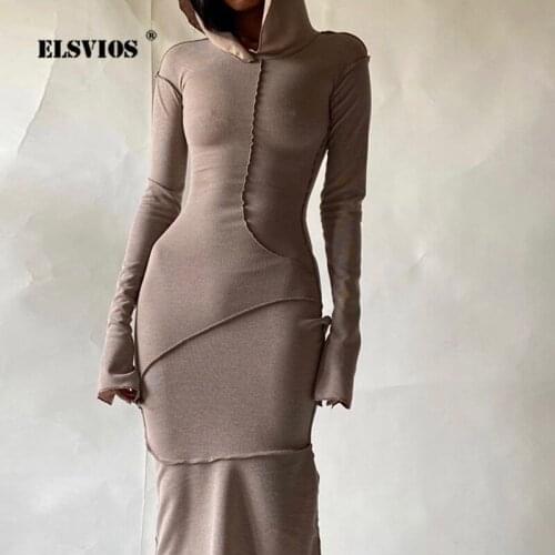 2021 Spring And Autumn Hot Product New Street Style Solid Color Slim Slimming Reverse Car Side Hooded Long-sleeve T-shirt Dress