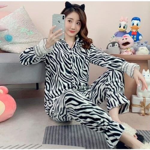 Coral Fleece Pajamas Fall/Winter 2021 New Flannel Pyjamas Thicken Plus Fleece Warm Sleepwear Homewear 2-Piece Set Sleep Tops
