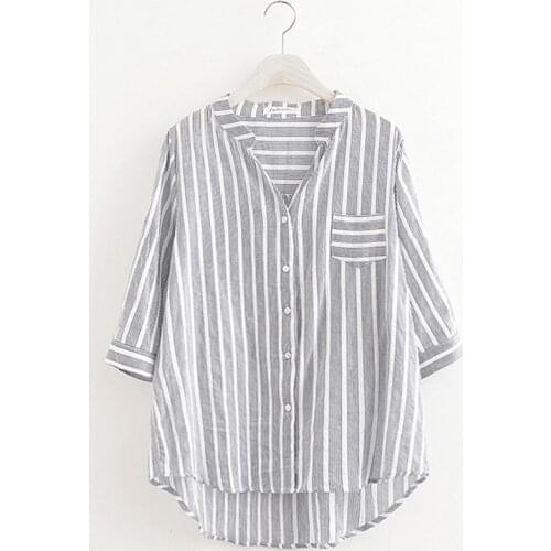 Casual WomenS Blouses Half Sleeve Ladies Summer Gray New Fashion All-Match Elegant Plus Size Loose Autumn Stripe Printed