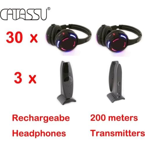 Professional Factory Supply Directly 30pcs LED Rechargeable RF Wireless Headphones with 3 Transmitters
