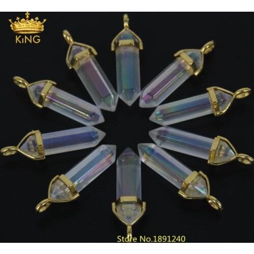 Rock Clear AB Crystal Quartz Point Pendulum Dowsing Hexagon Point Pendant with Gold Cap Bail Healing Chakra Reiki Pendant JXD001