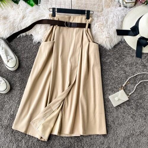 High-Waisted Thin A-Line Skirt Womens Spring And Autumn Irregular Long Skirt Large Pockets Decorative Long Skirt Female