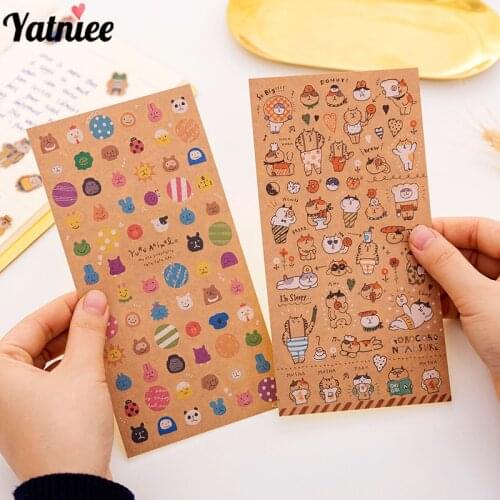 Yatniee 3pcs Kraft Paper Cat Sticker Retro Hand Book Cartoon Animal Stickers Diary Decoration Sticker Label Stationery