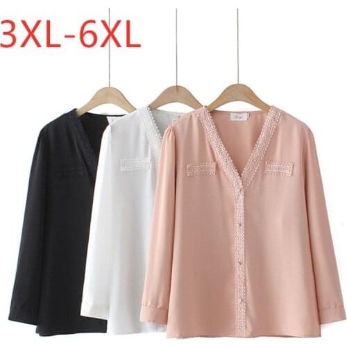 New 2021 Ladies Spring Autumn Plus Size Tops For Women Large Blouse Long Sleeve Loose Lace Pink V-neck Shirt 3XL 4XL 5XL 6XL