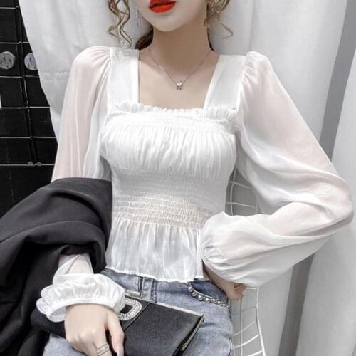 Sexy Women Long Puff Sleeve Square Neck Waist Tight Chiffon Thin Blouse Top