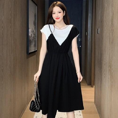 Oversized Summer Women Fashion Lrregular Fake Two-Piece Set Mid-Length Dress 2021 New Korean fairy Harajuku Dresses 5XL A696