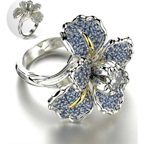 Fashion micro set full iris two color womens Ring Blue flower ring size 6-10