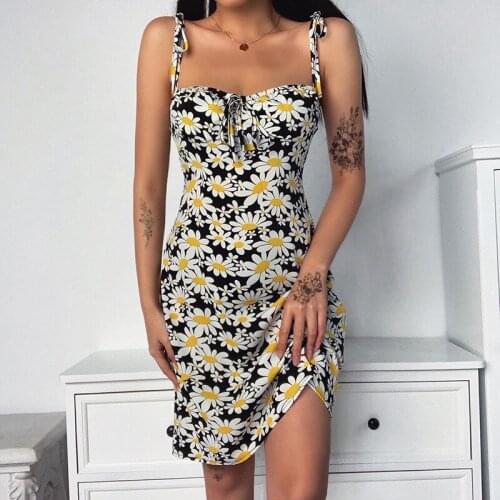 Summer spaghetti strap dress daisy floral print casual sun dress women 2021 knee length sleeveless sundress c04