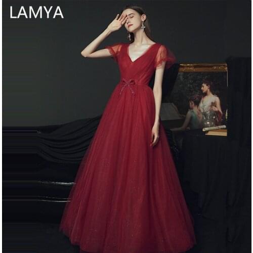 LAMYA Burgundy Puff sleeve Prom Dresses Simple V Neck Formal Dress Floor Length Elegant A-line Plus Size Robe De Soiree