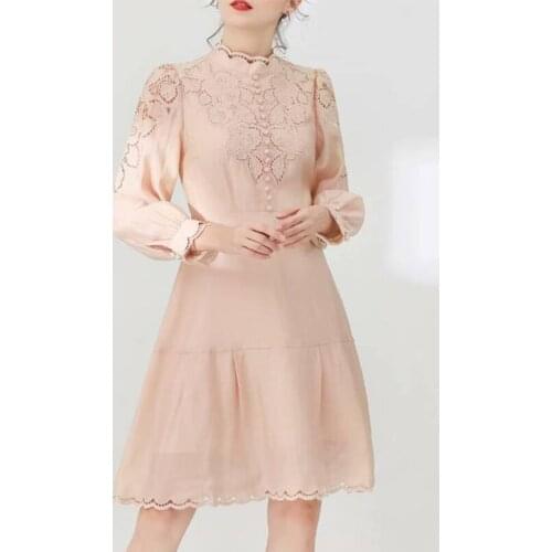 2021 Autumn Dress Fashion Designer Pink Hollow Out Long Sleeve Button Vintage Ladies Elegant Dresses