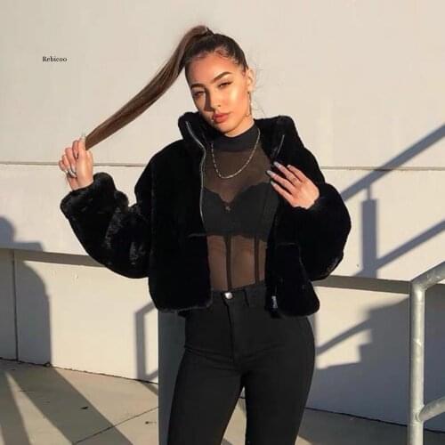 Winter Fur Coat Women Faux Fur Crop Coat High Street Black Furry Jacket Cropped Fur Jacket Outwear Female