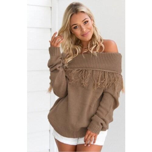 Winter Warm Womens Sexy Long Sleeve Off Shoulder Tassels Knitted Sweater Stylish Womens Slash Neck Pullover Loose Sweaters Tops