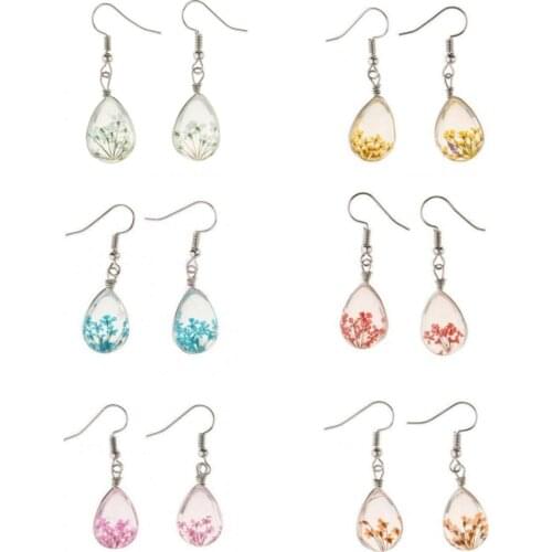 1 Pair Clear Resin Teardrop Dangle Drop Hook Earrings Dried Flower Earrings