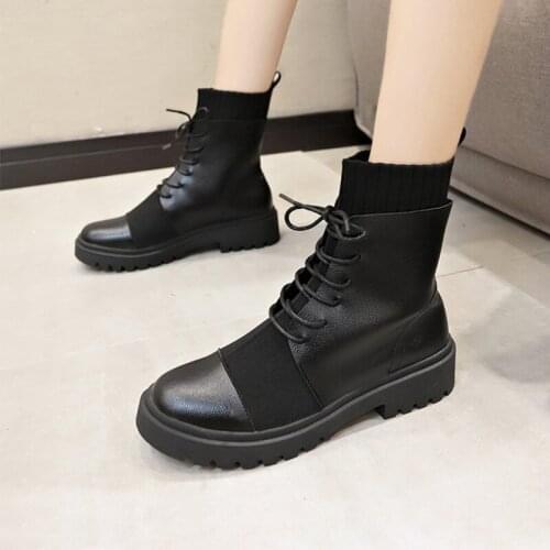 Ankle Boot Winter Womens PU Leather Lace Up Woman Shoes Ladies Fashion Flats Platform Short Botas Elastic Warm Plush Female