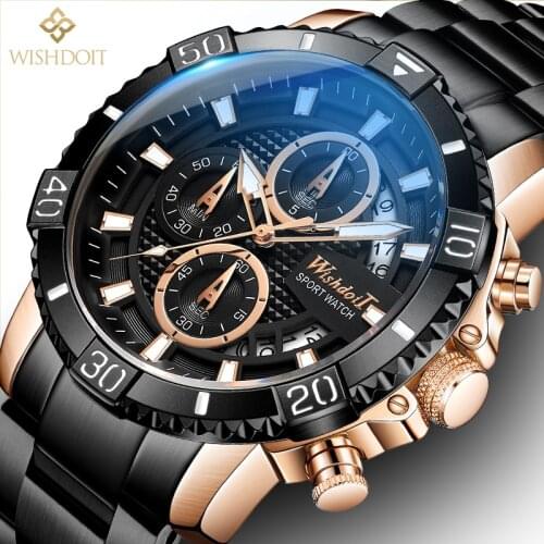 WISHDOIT 2021 New Casual Mens Watch Stainless Steel Top Brand Luxury Sports Waterproof Chronograph Luminous Quartz Watch Men