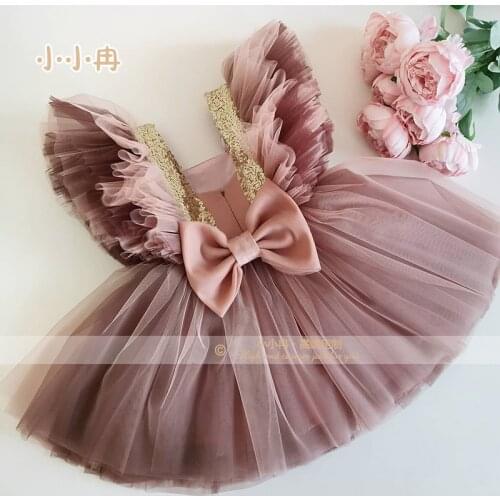 Girls' Wedding Dress Latest Fashion Sequined Shildrens Dress With Bow Birthday Party Flower Childrens New Princess Clothes